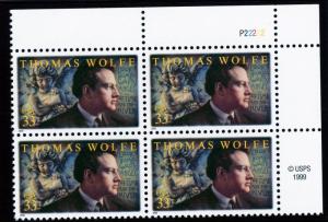 US  3444 Thomas Wolfe - Plate Block of 4 - MNH - 2000 - P2222  UR