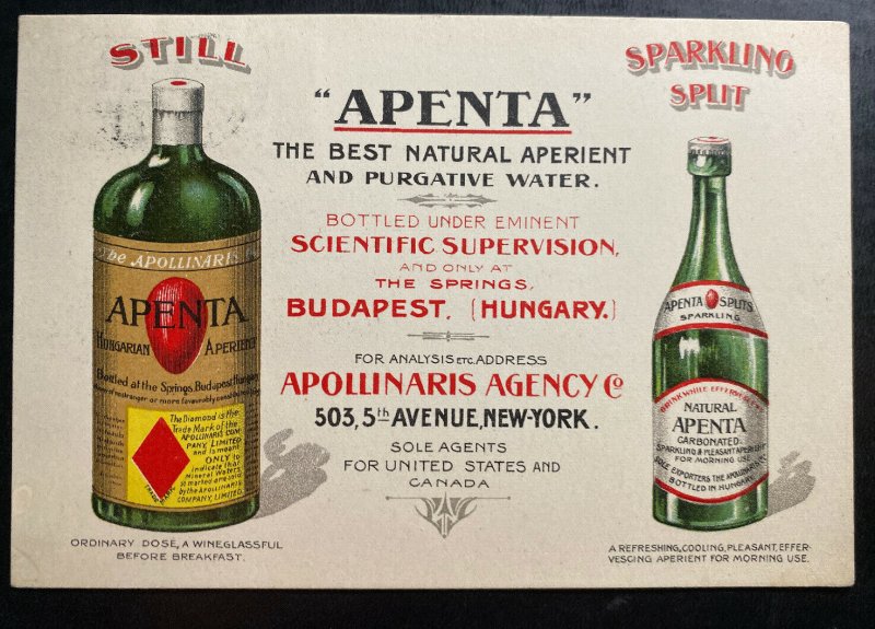 1911 Budapest Hungary Apenta Advertising Postcard Cover To Boston MA USA