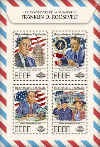 TOGO - 2017 - Franklin D Roosevelt - Perf 4v Sheet - MNH