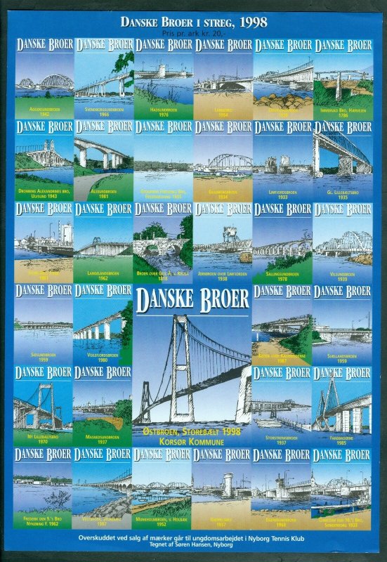 Denmark. Poster Stamp 1998. Unfolded Sheet. Danish Bridges. Nyborg Tennis Club.