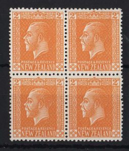 New Zealand 1915 2d yellow Cowan paper p14x15 sg448 unmounted mint block of 4