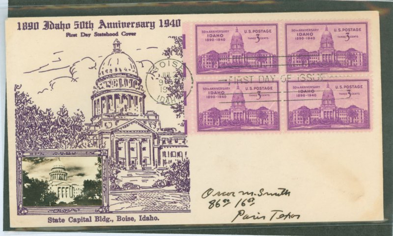 US 896 1940 3ct fiftieth anniversary of Idaho Statehood (block of four) on an addressed first day cover wtih a Crosby photo cach