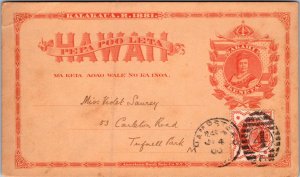 1900 Hawaii Akahi Keneta Postal Stationery Postcard cover to Hampstead England