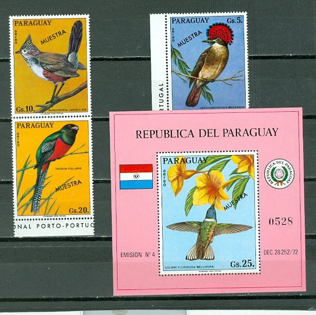 PARAGUAY BIRDS 1973...OVPT MUESTRA...SET & SOUV. SHEET...MNH...