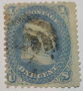 Scott Stamp #63 - 1861 1¢ Used Franklin, Pale Blue. SCV $45.00