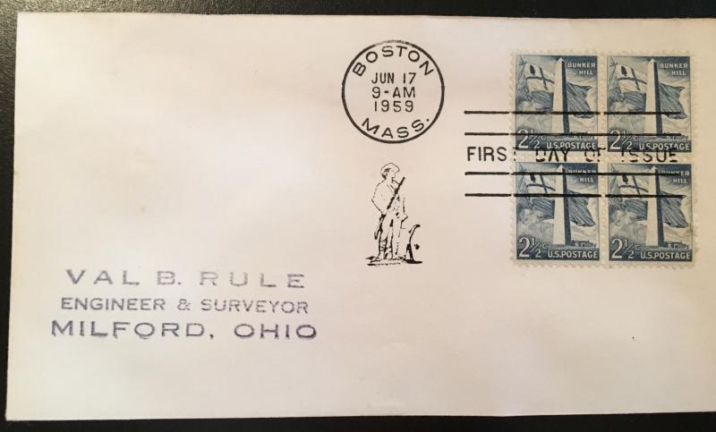 1034 Bunker Hill, First Day Cover with block, Vic's Stamp Stash