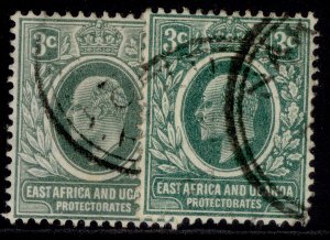 EAST AFRICA and UGANDA QV SG35 + 35a, 2a OPT VARIETIES, FINE USED.