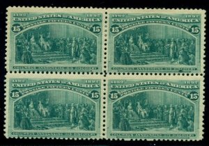 US #238 15¢ Columbian, Block of 4, og, 2NH/2LH, F/VF, scarce multiple,