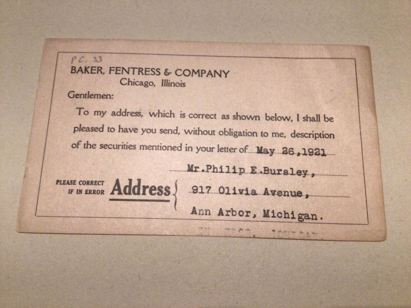 United States Baker Fentress & Company Chicago Illinois 1921 postal card 66959