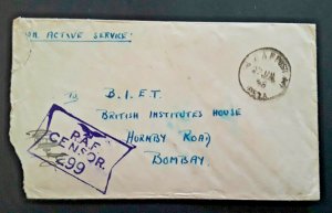 1945 RAF Post 3 Bangalore To Bombay India RAF Censor Soldiers Free Mail Cover