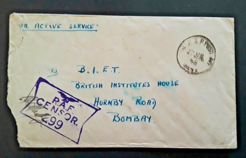 1945 RAF Post 3 Bangalore To Bombay India RAF Censor Soldiers Free Mail Cover