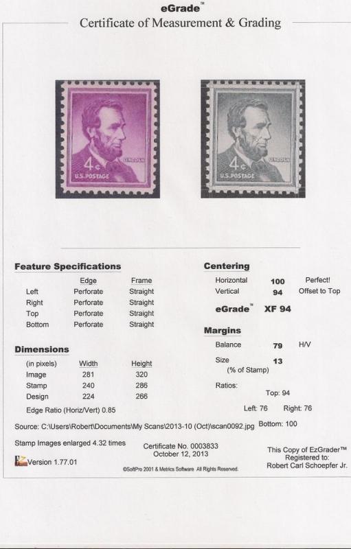 1036 4 cents Lincoln Stamp Mint OG NH EGRADED XF 94 XXF