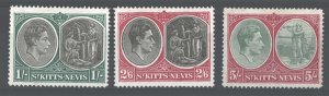 St Kitts 1938 1s - 5s perf 14 chalky papers sg75c, 76a, 77a good to fine mint ca