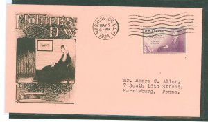 US 737 1934 3c Mother's Day (Whistler's Mother) single on an addressed (typed) FDC with a Grimsland Cachet