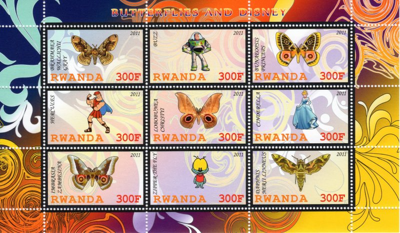 Rwanda 2011 Butterflies and Disney Sheetlet of 9 values perforated MNH