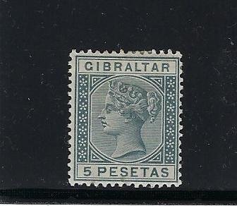 GIBRALTAR SCOTT #38 1889- 5 PESETAS (STEEL BLUE)  -WMK 2 - MINT HINGED