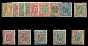 Iceland #71-85 Cat$661, 1907-8 Two Kings, complete set, hinged, some light to...