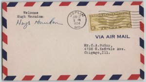 United States 1934 Aviator Hugh Herndon Signed Airmail Cover Joplin Missouri