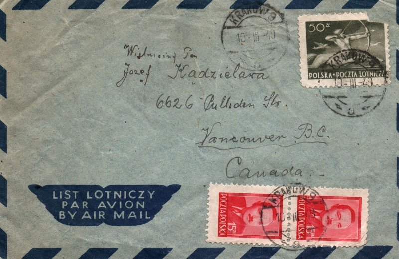 1949 AIRMAIL COVER FROM KRAKOW POLAND TO VANCOVER CANADA - 3 STAMPS CLEAN