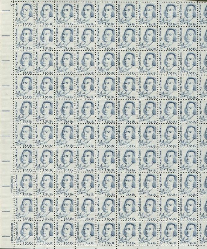 Pane of 100 USA Stamps 1858 American Politician George Mason -Brookman $57.50