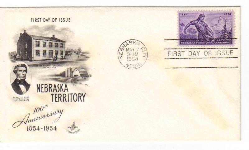 US 1060 (Me-3) 3c Nebraska Territory on FDC Artcraft Cachet Unaddressed ECV$7.50