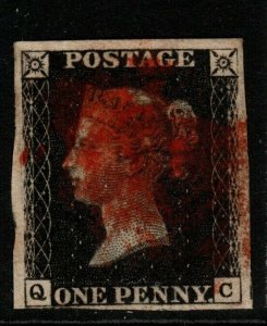 GB SG2 PLATE 5 1840 1d BLACK QC 3½ MARGINS USED 