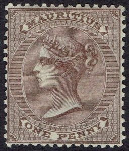 MAURITIUS 1863 QV 1D PURPLE BROWN WMK CROWN CC