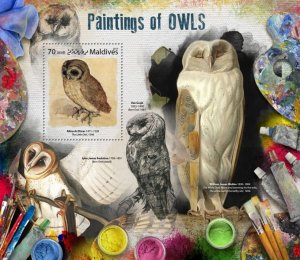 MALDIVES - 2017 - Paintings of Owls - Perf Souv Sheet - Mint Never Hinged