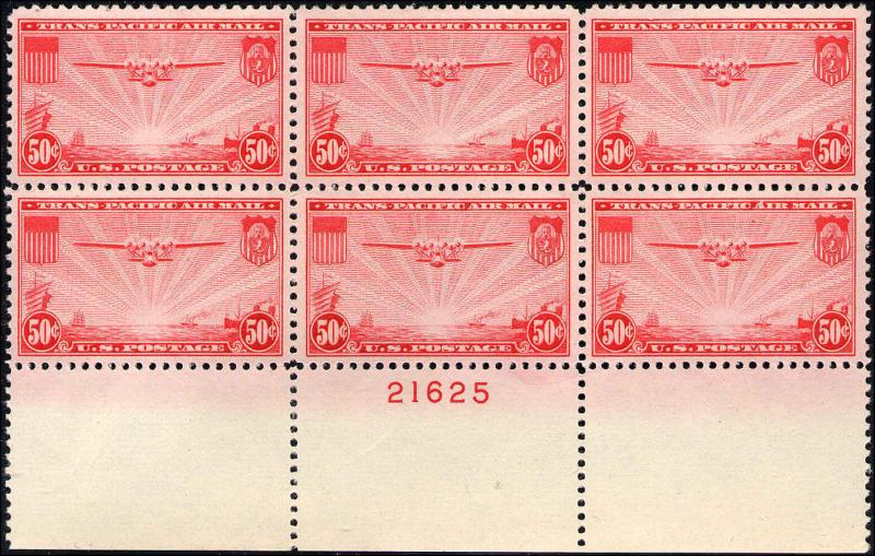 1937 US Stamp #C22 AP14 50c Mint NH VF Plate Block of 6 Catalogue Value $85