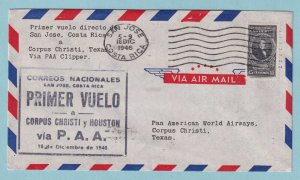 COSTA RICA 1946 FIRST FLIGHT COVER FROM SAN JOSE TO CORPUS CHRISTI TEXAS - CV341