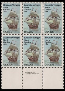 US 2093 Roanoke Voyages North Carolina 1584 20c copyright block L (6) MNH 1984