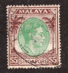 1949-52 Malaya Singapore Sc# 20a (pf18) - $5, KGVI Palm Oasis. Used Cv$7