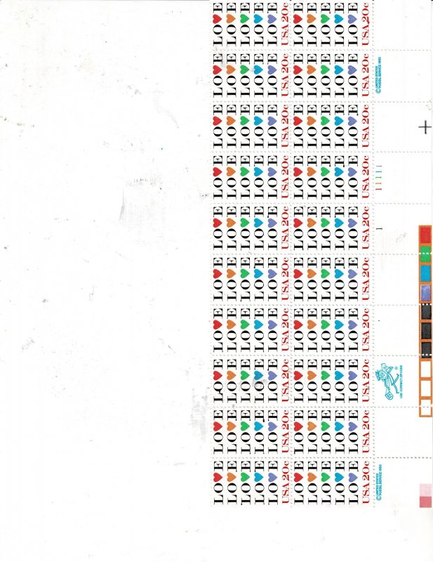 Love 20c US Postage Plate Strip of 20 stamps #2072 VF MNH