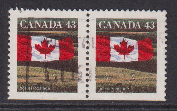 Canada  #1359 used 1992  flag  43c  pair  bottom imperf.