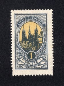 Central Lithuania 1921 dark gray & yellow Church, Scott 35 Perf. 13.5 Variety MH