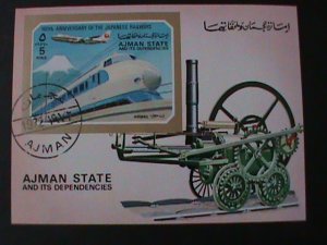 AJMAN-1972 MODEAN EXPRESS TRAIN & CLASSIC ANTIQUE TRAIN CTO  IMPERF-S/S-VF