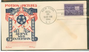 US 926 1944 3c Motion Pictures/50th anniversary/single on an unaddressed first day cover with a Fleetwood/Knapp cachet.