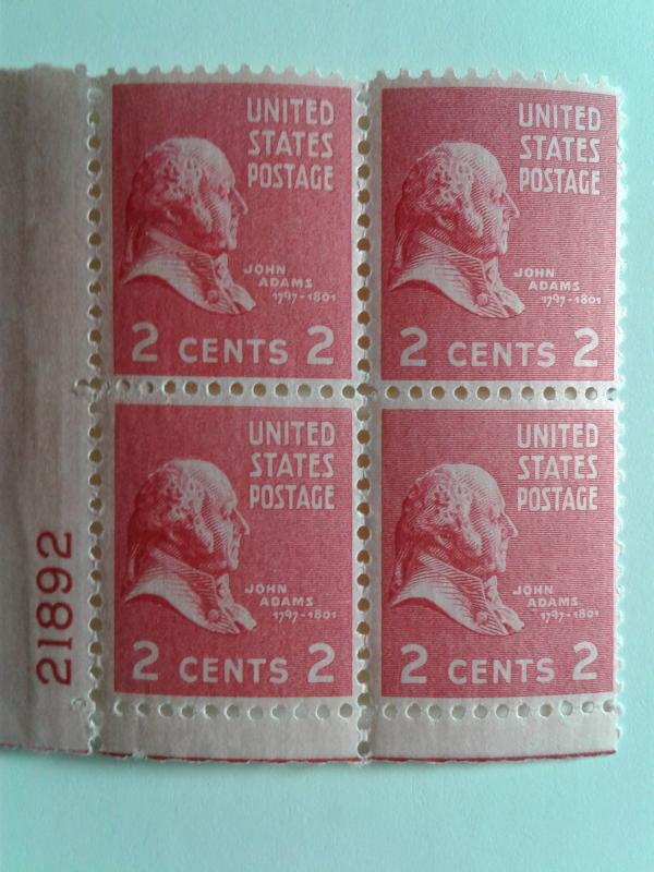 SCOTT # 806 PLATE BLOCK # 21892 JOHN ADAMS MINT NEVER HINGED GEM FRESH !!!