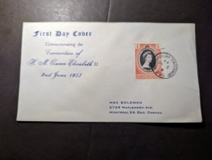 1953 British Guiana QE2 Coronation First Day Cover FDC to Montreal Canada