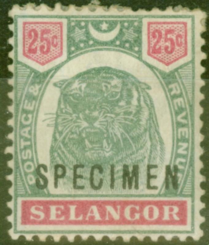 Selangor 1896 25c Green & Carmine Specimen SG58s Mtd Mint