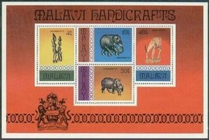 Malawi 302a,MNH.Michel Bl.47. Handicrafts 1977.Animal figurines,Arms.