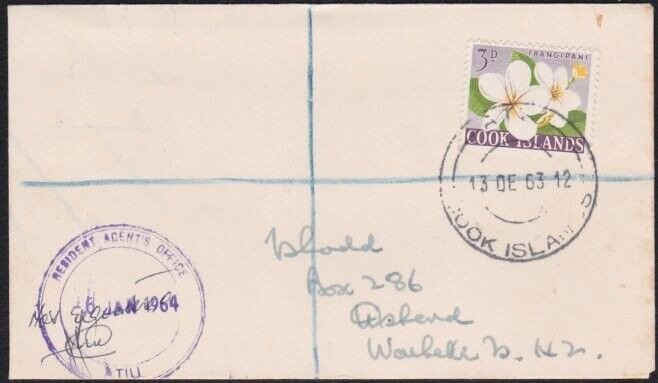 COOK IS 1963 cover to NZ ex ATIU - Resident Agent's Office handstamp.......B2673