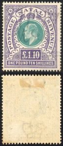 Natal SG143 One Pound 10/- Green and Violet Fiscal Cancel