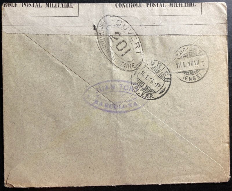1916 Barcelona Spain WWI Censored Cover To Zurich Switzerland