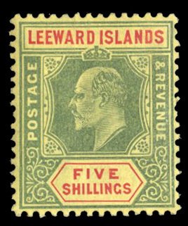 Leeward Islands #40 Cat$50, 1911 5sh green and red, hinged