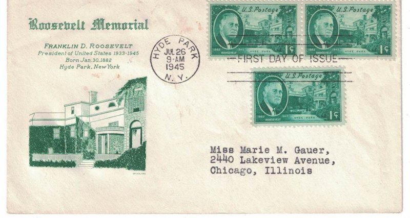 1945 FDC, #930, 1c Franklin D. Roosevelt, Grimsland, 3 singles