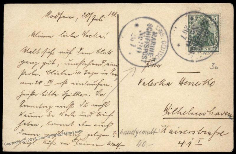 Germany 1911 Navy SMS Rheinland MSP30 Feldpost Cover Marineschiffspost 82976