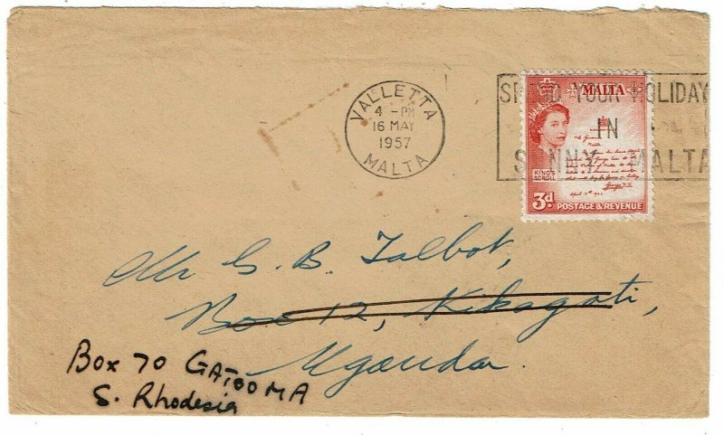 Malta 1957 Valletta cancel on cover to UGANDA, re-directed to S. RHODESIA