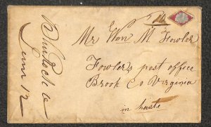 STAMPLESS ETIQUETTE PD 10 COVER ADAMSVILLE OHIO TO FOWLERS WEST VIRGINIA  1851