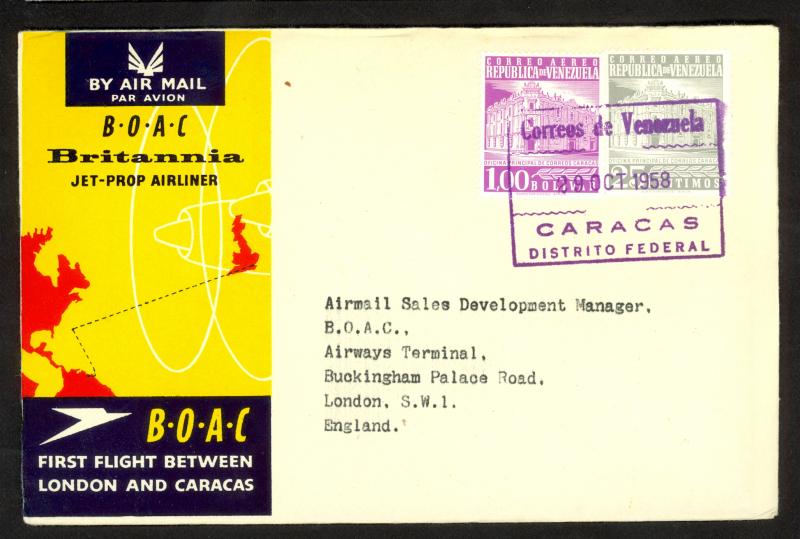 VENEZUELA 1958 BOAC Cachet FFC CARACAS to LONDON ENGLAND Cover